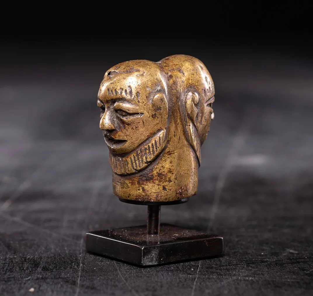 Tiv Bronze Staff Finial representing Janus face, Nigeria, 1st half 20th Century