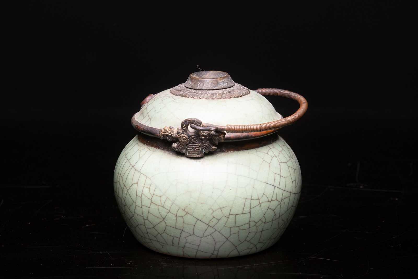 Green Crackled Porcelain Table Water Pipe with Metal Strapping from Vietnam, 19th Century