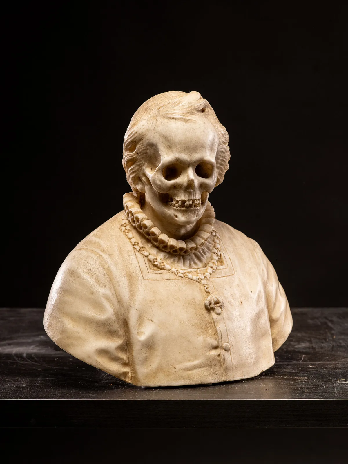 18th C Vanitas (Memento Mori) Bust carved in marble, Italy, 18th C
