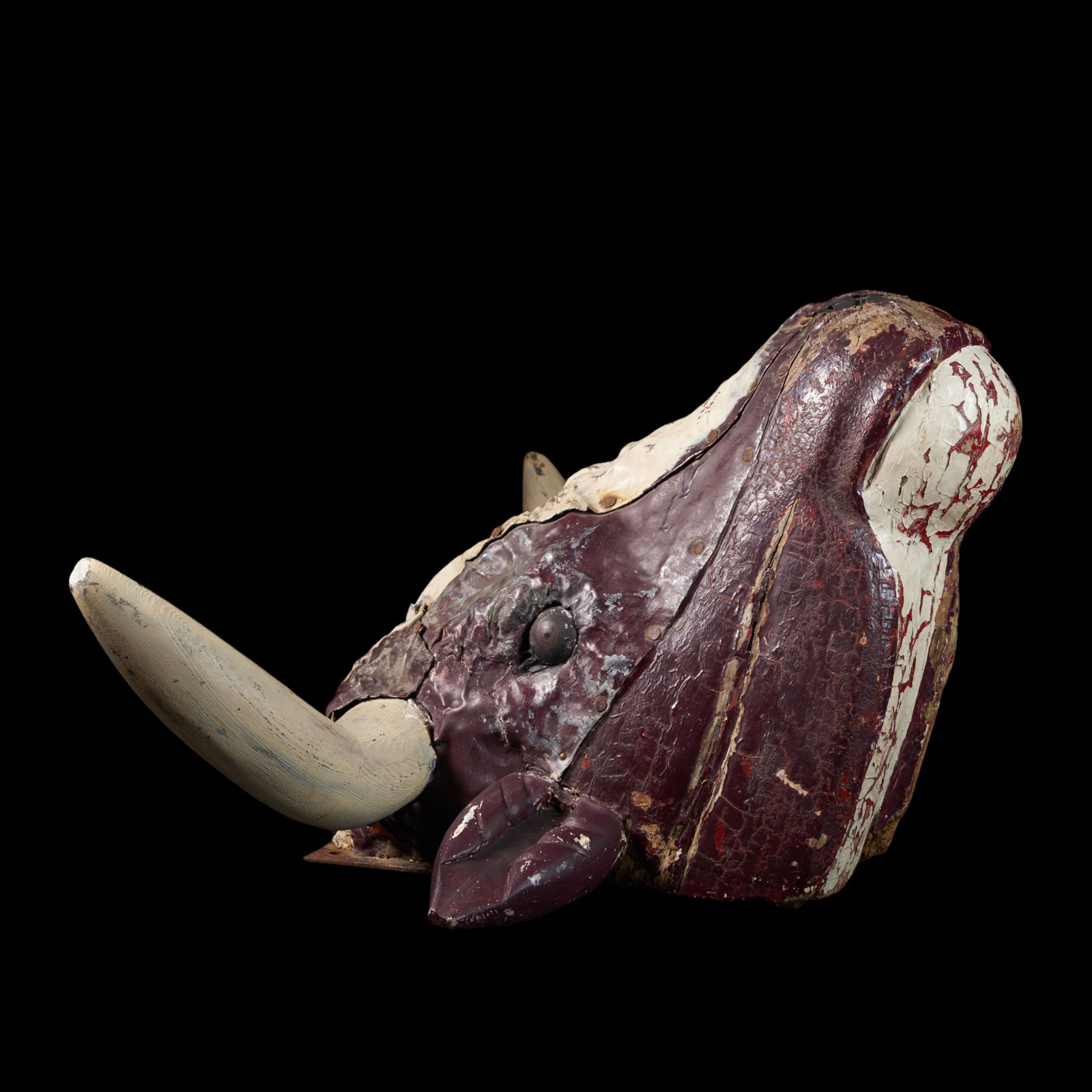 19 th C Butcher's Exterior Shop Sign of a wooden Steer Head covered with polychromed weathered lead, 1st half 19th Century