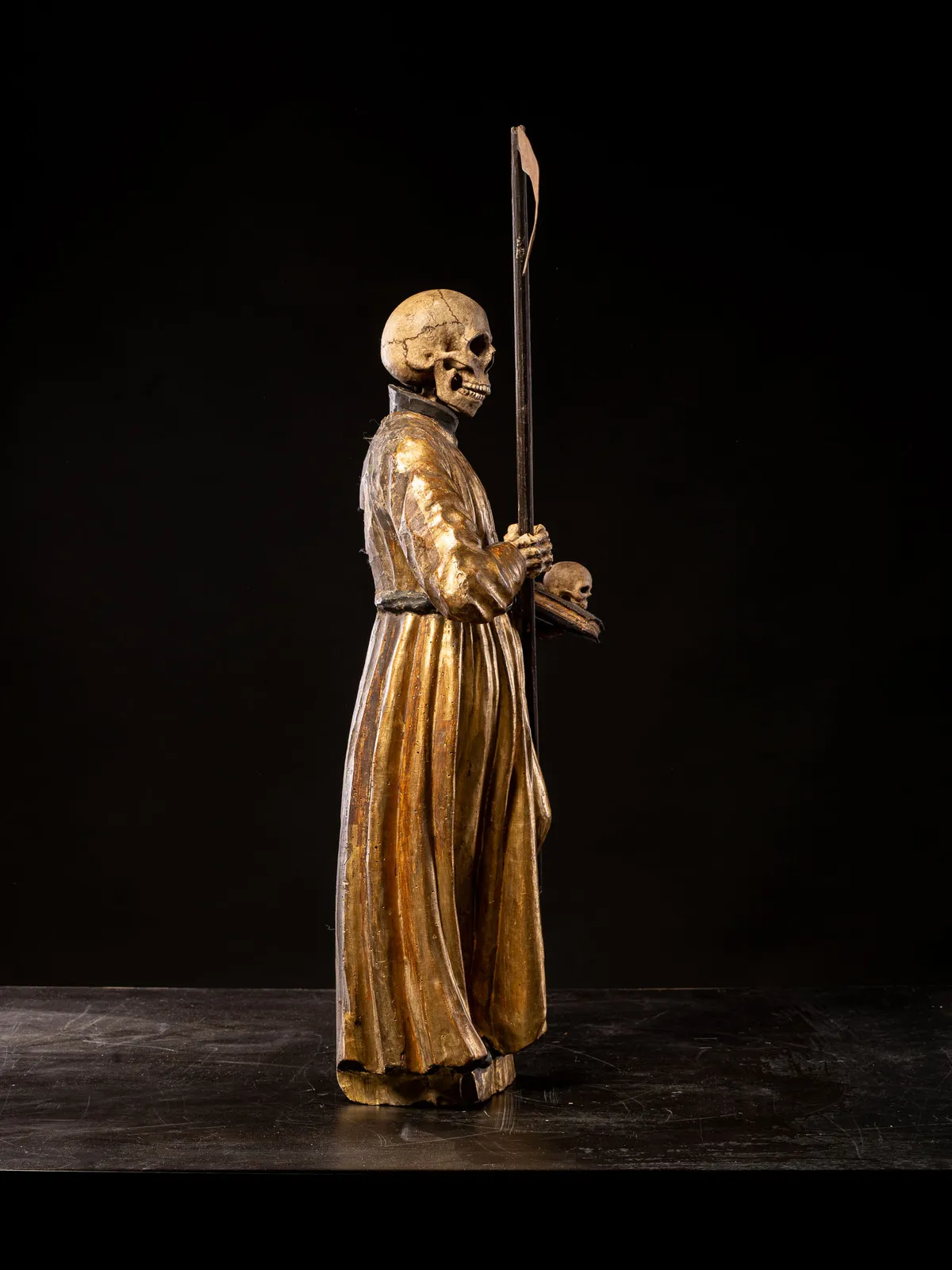 18th C South German polychromed and gilt wood figure of a Monastic “Poor Soul” (Arme Seele), 18th C