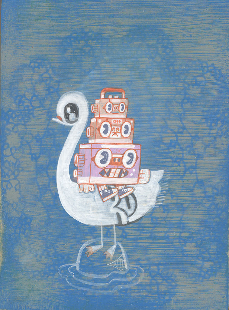 A painting by KeFe of a bird character with a character resembling three boom boxes stacked on top of each other.