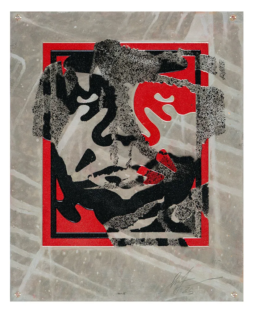 abstracted image of a face over laid with patterns and lines in red, black, and grey scale