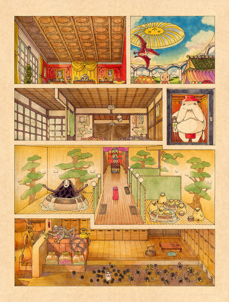 Painting by Felicia Chiao of a house inspired by spirited away with fantasy figures bathing in the spa