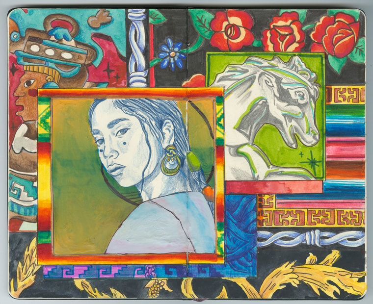 Collage painting featuring a white horse, red flowers, traditional stripped blanket, an Aztec figure, barbed wire and a golden leaf design.