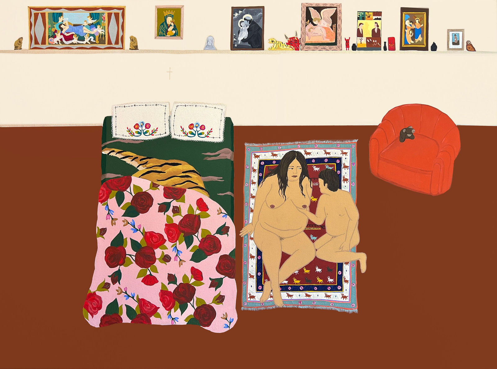 painting of a nude couple laying on a patterned rug beside an unmade bed with floral patterned bedding in the room there is a red chair and shelf full of paintings and various objects by Gina M. Contreras