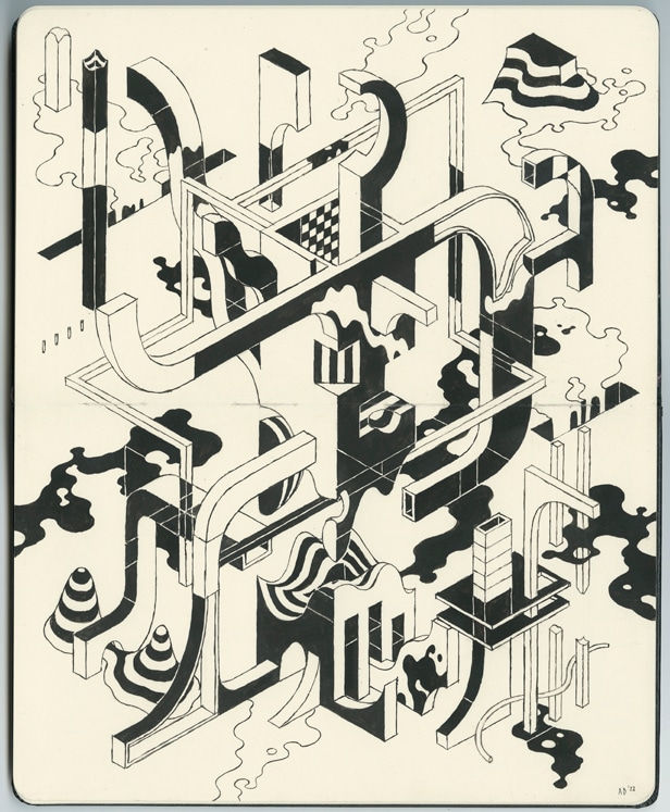 Abstract drawing of a deconstructed building in black and white