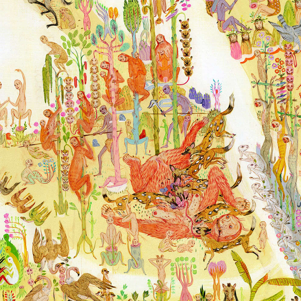 Detail shot of Mu Pan painting of animals and human hybrid creatures eating, fighting, sleeping, etc