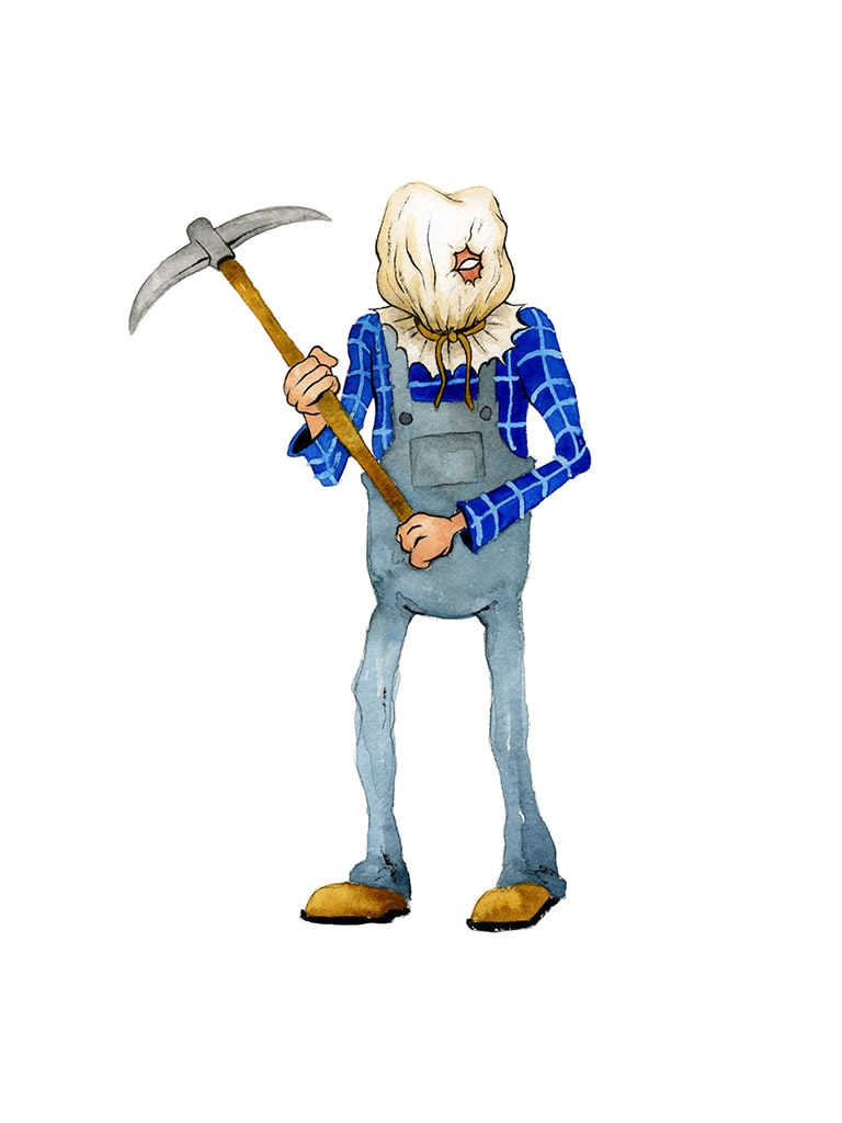 Painting by Alex Pardee of a man with a canvas bag tied over his head and he is holding a pick