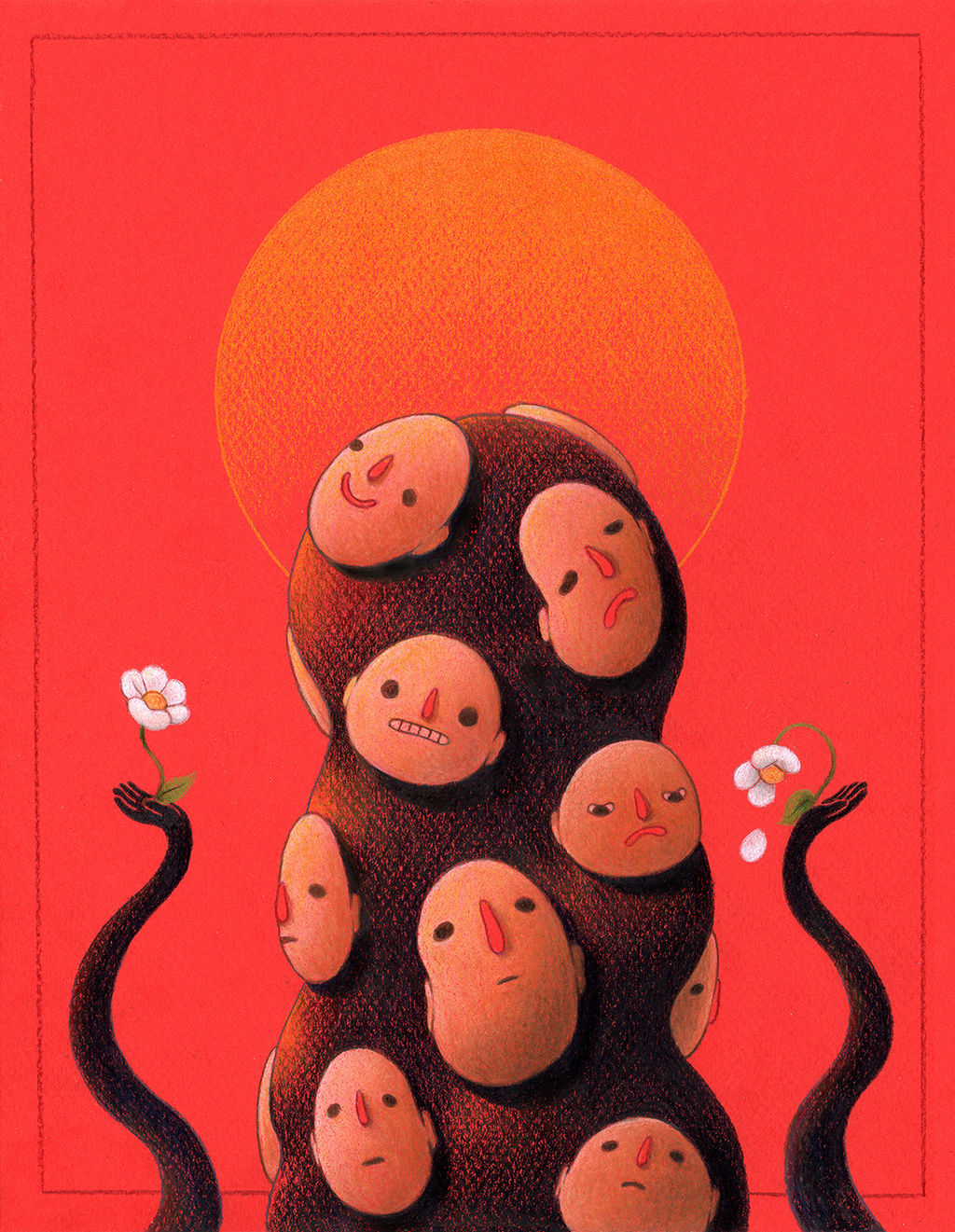 drawing of black blob figure with many human faces on it over a red background