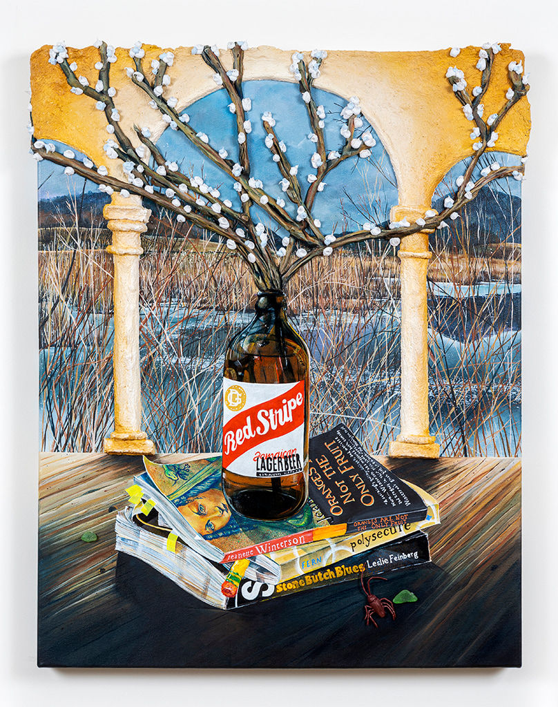 Nic Dyer's painting of flowers in a Red Stripe bottle