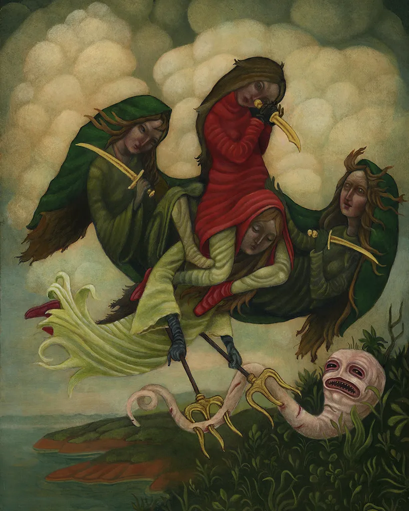 Painting of four floating figures stabbing a worm creature with two golden tridents