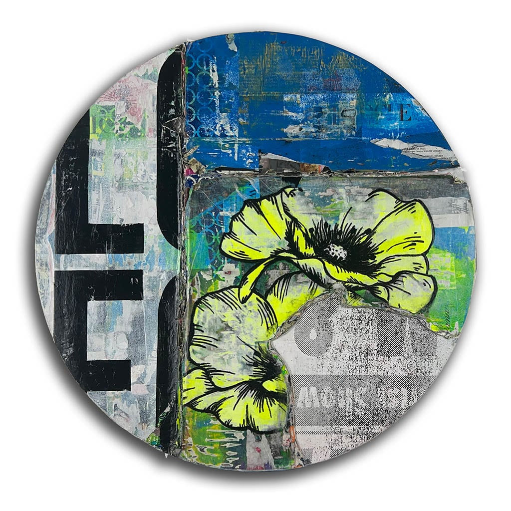 Circular collage with paint, floral designs, and text