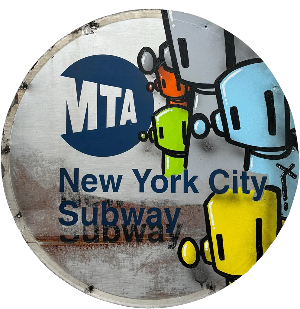 yellow, baby blue, silver, green, red robots against a MTA New York City Subway train badge