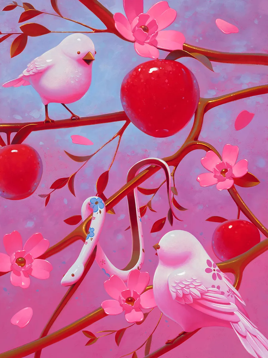 Megan Ellen MacDonald painting of fruits on branches with porcelain birds and snake