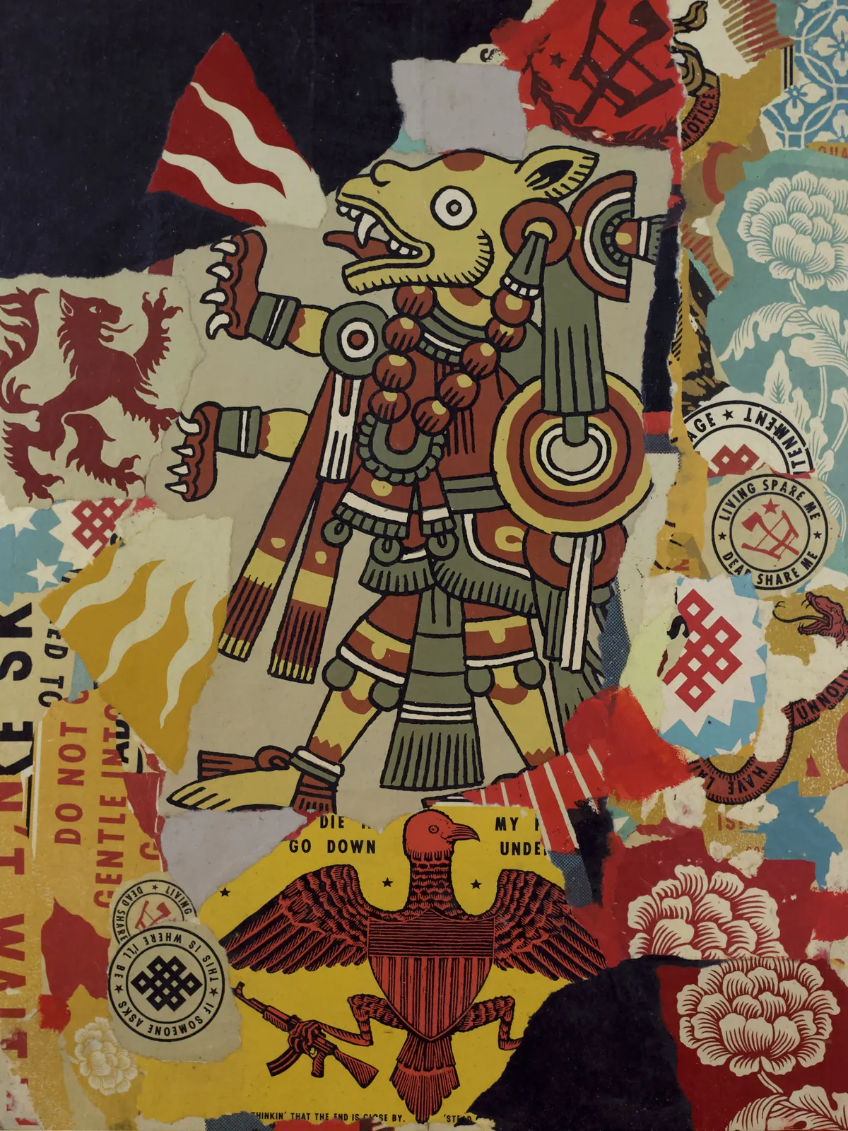 collage of torn up screen prints of religious and historical symbols