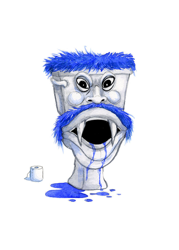 Painting by Alex Pardee of a toilet with a face with fangs and blue hair and mustache