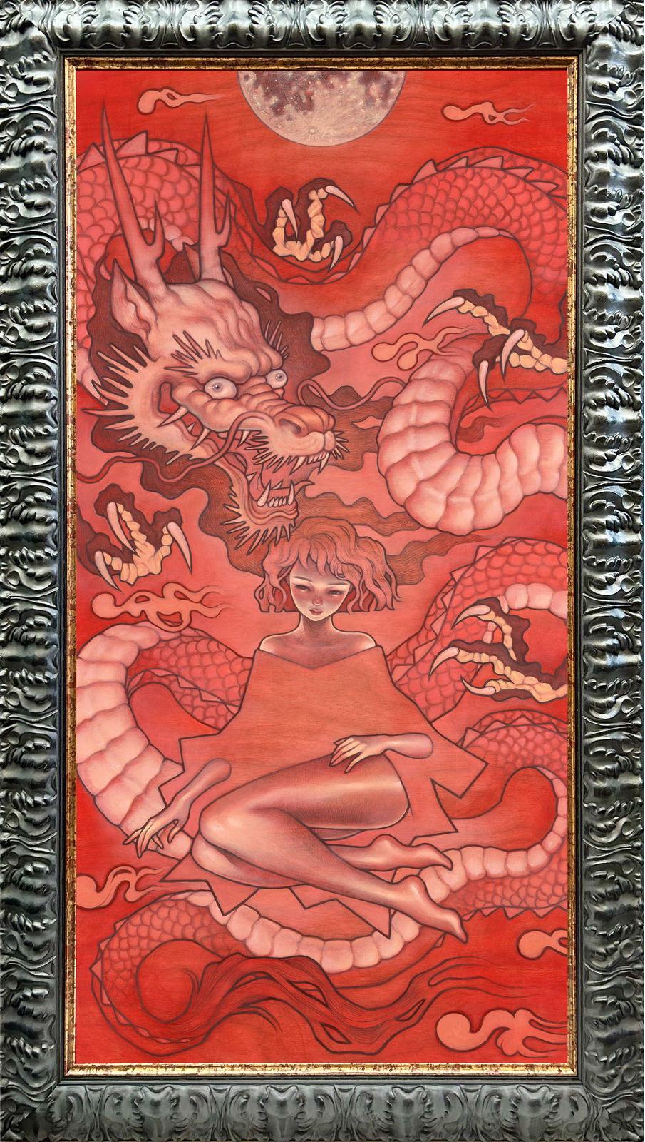 painting of a dragon and a woman by Audrey Kawasaki