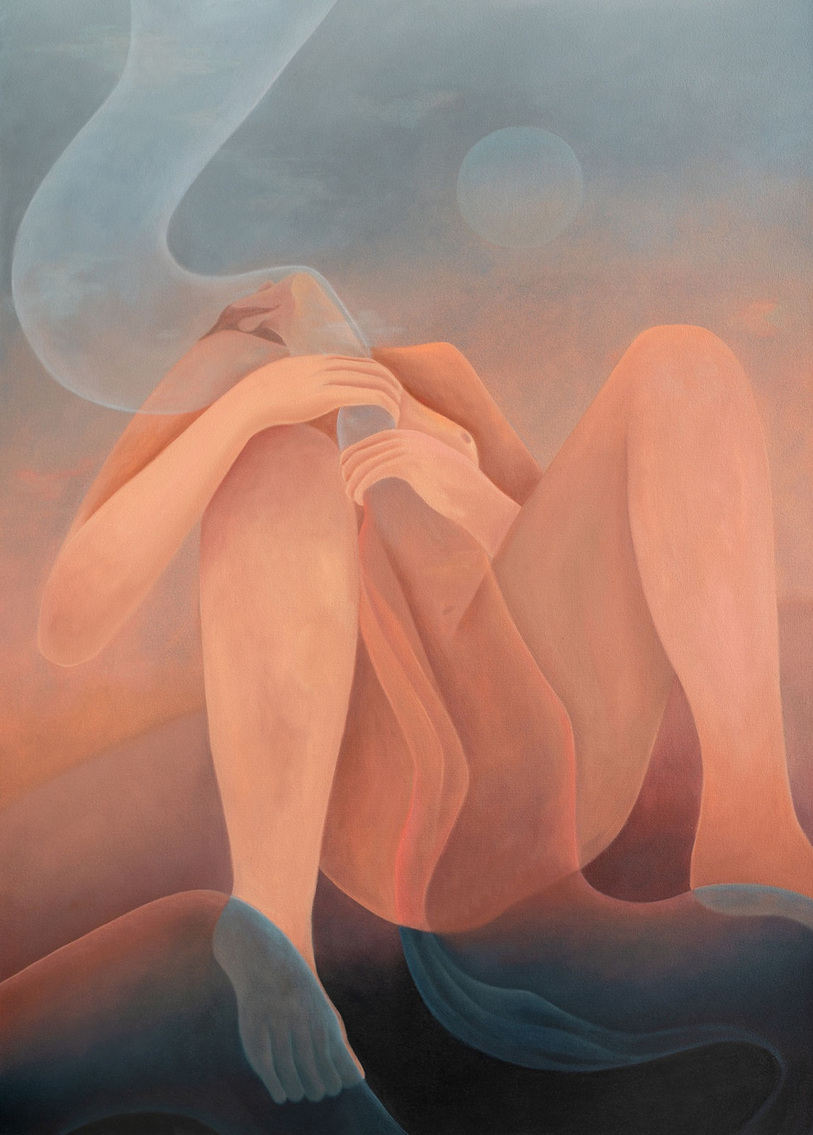 Painting by Laura Berger of a naked figure sitting with their knees up and head thrown back and a faint moon in the background