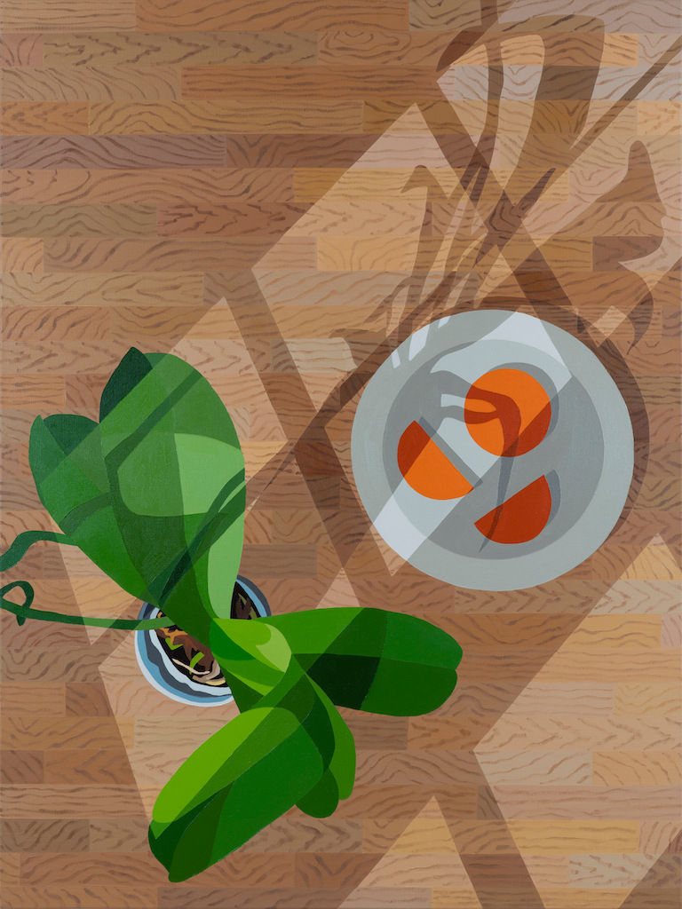 Natalia Juncadella painting of wood floors, shadows, orchid and white plate with oranges