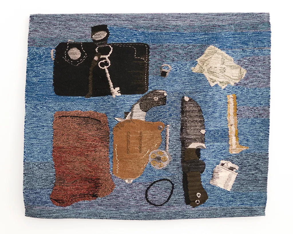 Erin M. Riley woven tapestry of still life including gun & knife