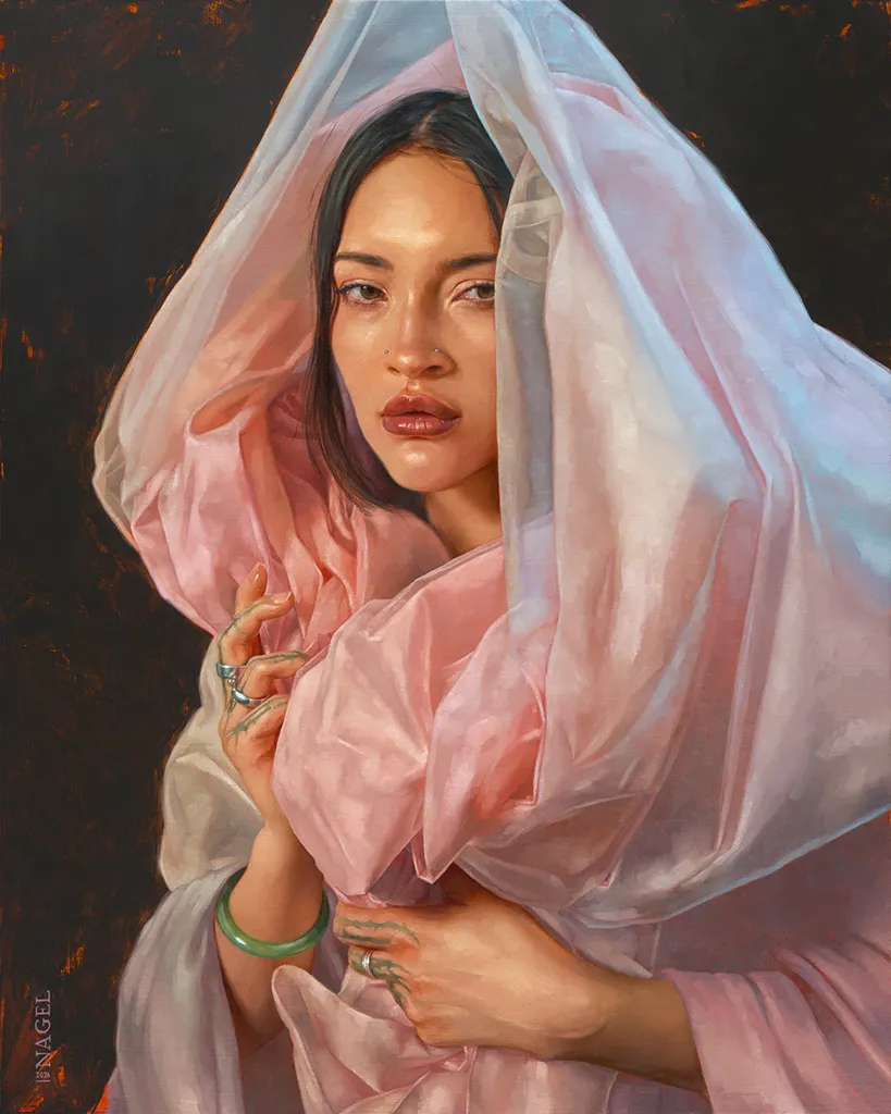 Painting of a woman with puffy pink fabric wrapped around her head and body