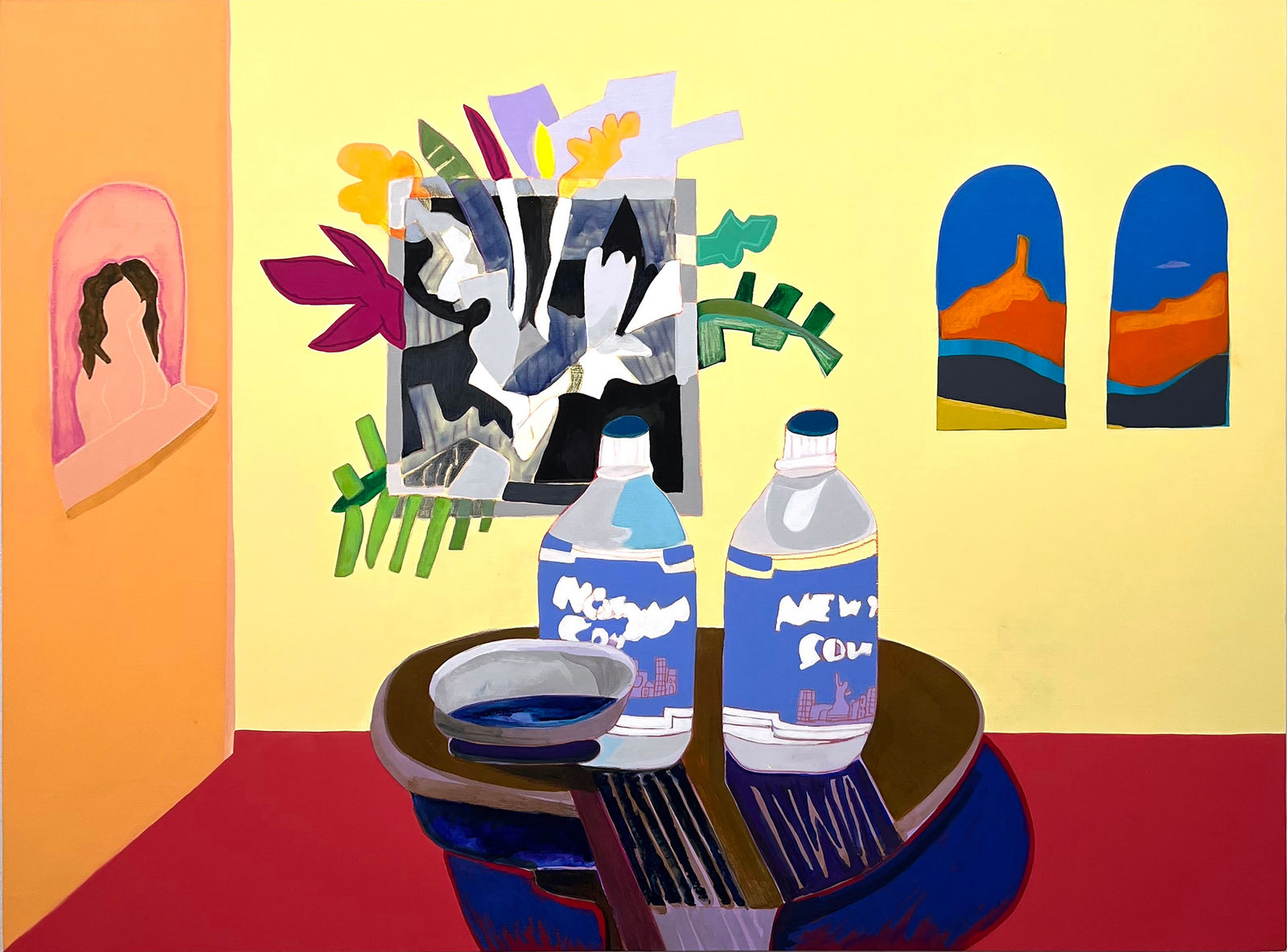 Luke Forsyth still life painting of bottles in corner with graphic icons in background