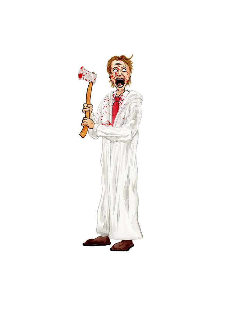 Painting by Alex Pardee of a man in a white lab coat holding a an ax