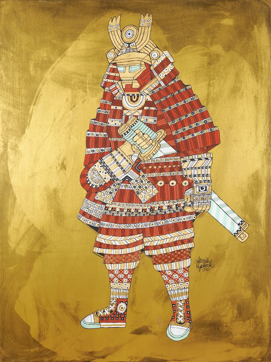 Ferris Plock painting of cartoon figure in multicolored and patterend samurai costume against gold background