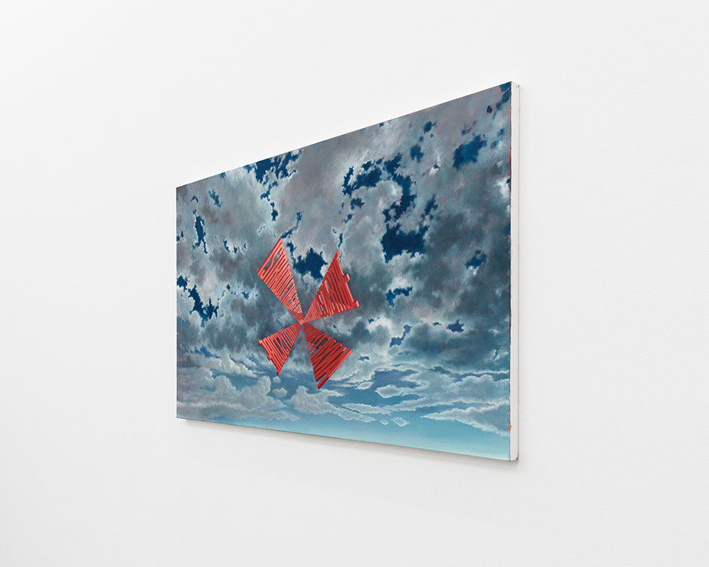 Painting of clouds with the words I STRADDLE THE GREAT BRINY BAY AND WARM MY HANDS OVER THE ANXIETY RADIATING FROM THE CITY’S CORE in a cross shape in bright pink