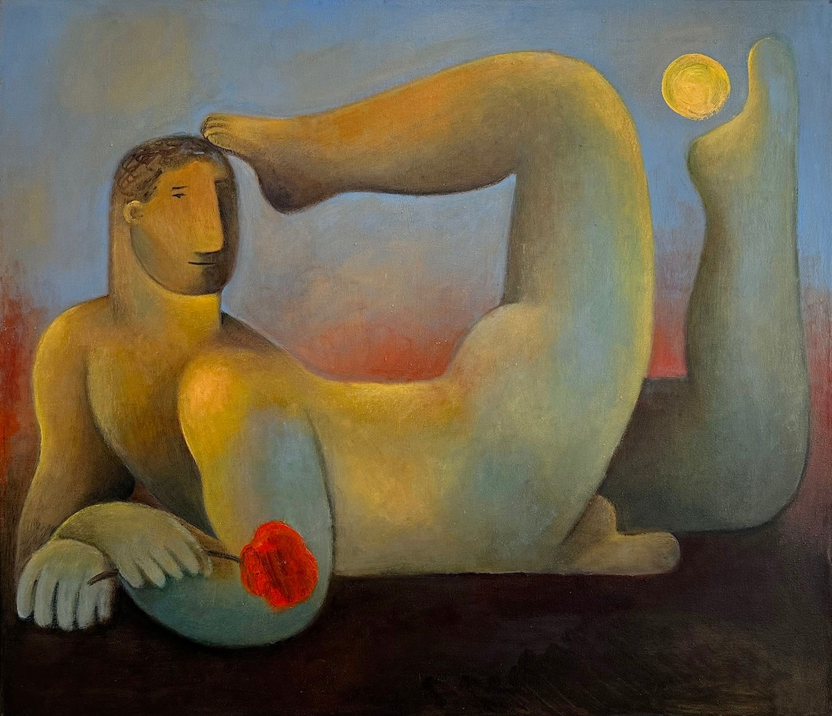 Carlos Rodriguez - painting of a nude man laying with his belly face down. He holds a red flower in his right hand and both legs lifted, one pointed at the moon above and the other to his head. It was painted in shades of yellow and blue with a little red in the background close to the horizon.