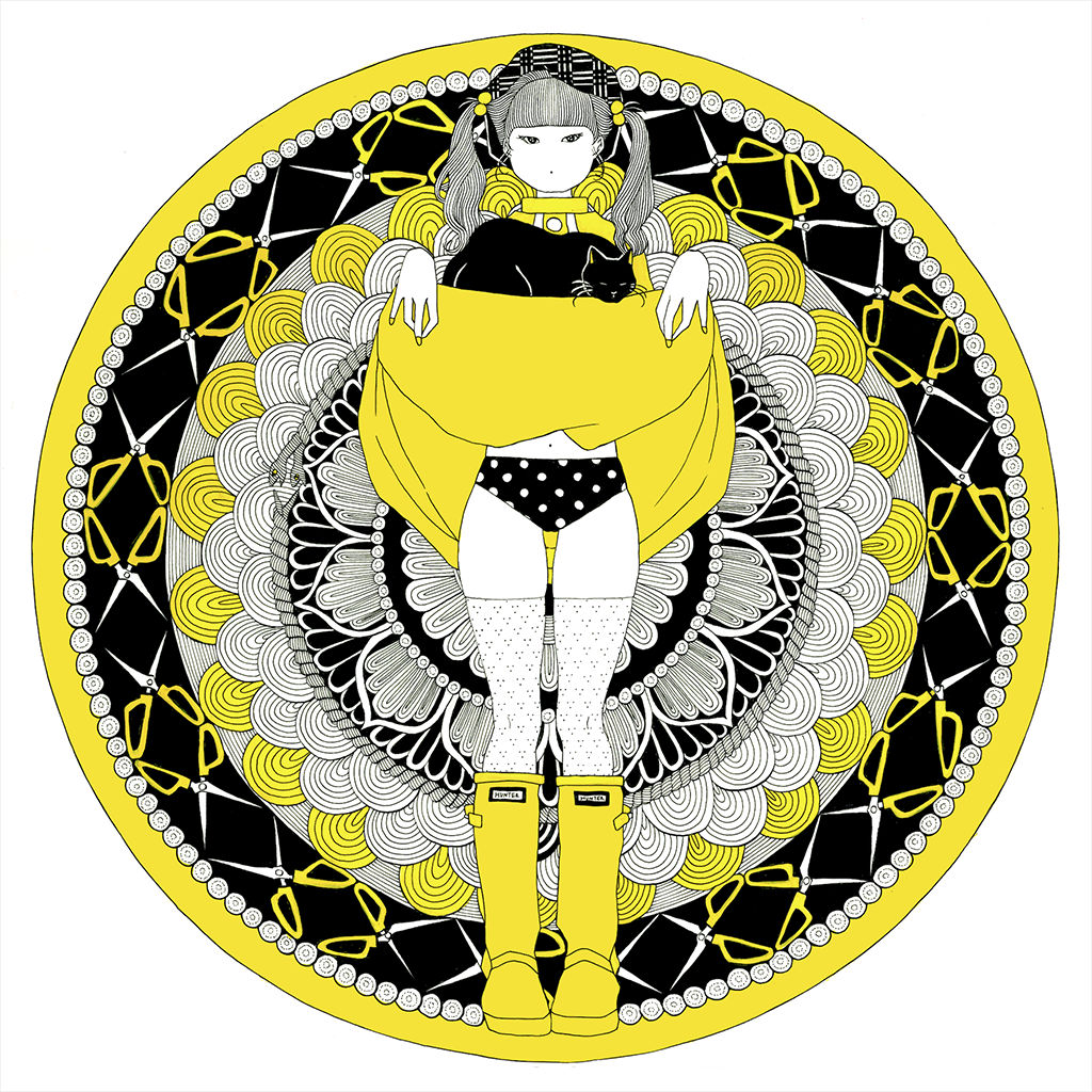 Circular painting of a girl lifting her skirt