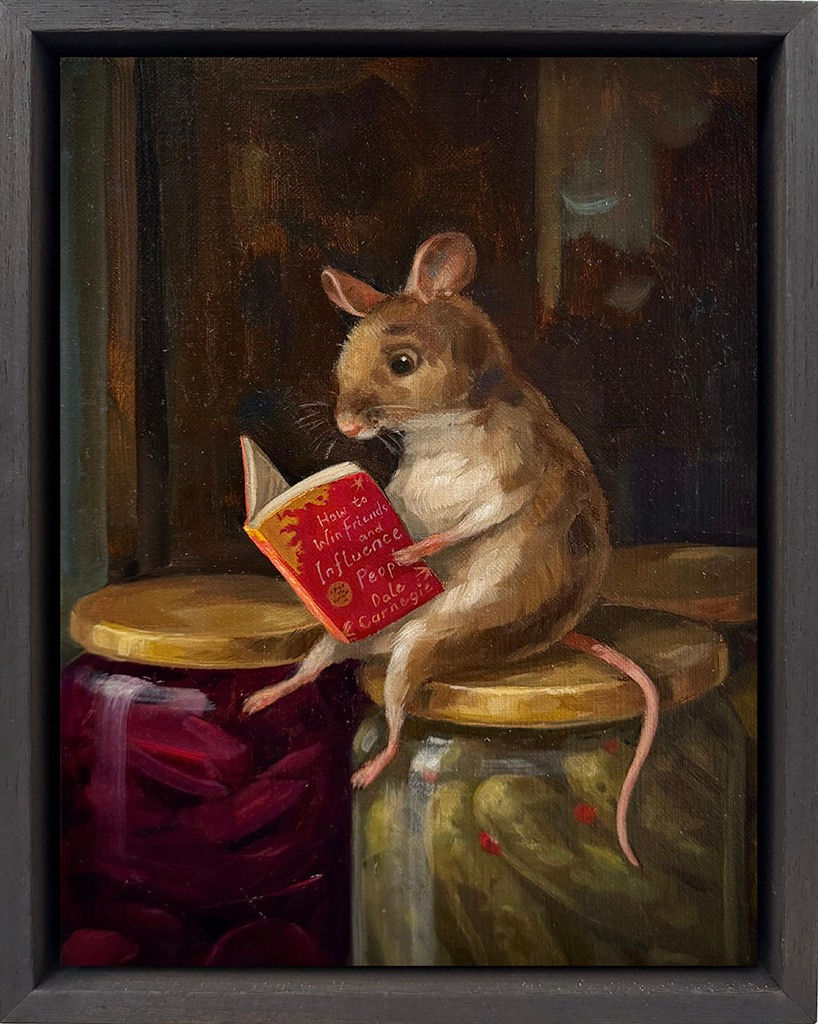 A painting of a brown mouse sitting on a jar of pickles reading a red book.