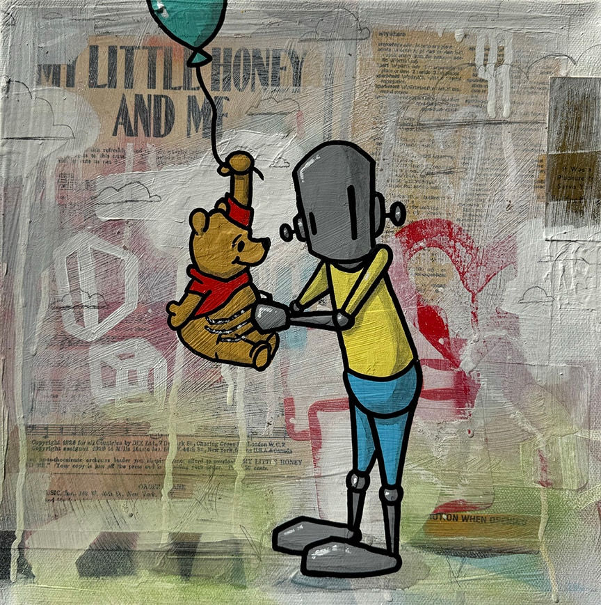 grey robot with yellow shirt and blue pants holding Winnie the Pooh with a balloon