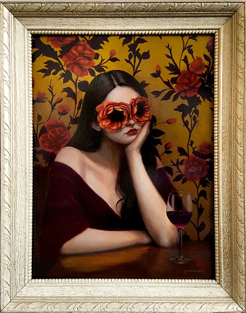 painting of woman with face resting on hand. Roses over her eyes and floral background