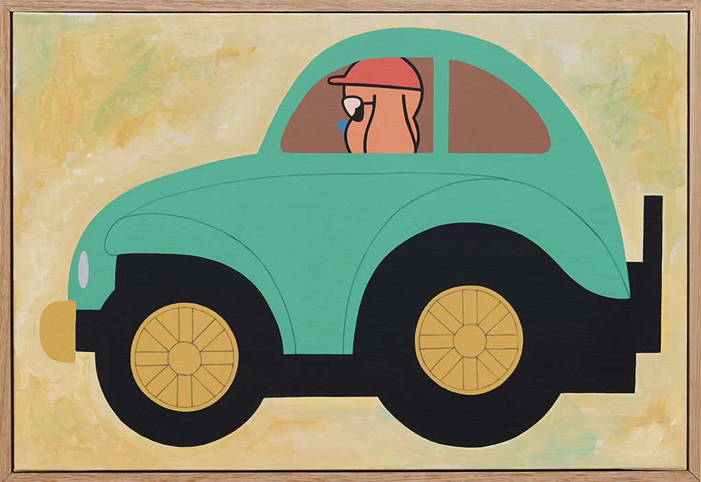 Painting of a green beetle car with a dog like figure wearing a red hat in the front seat driving on a yellow background