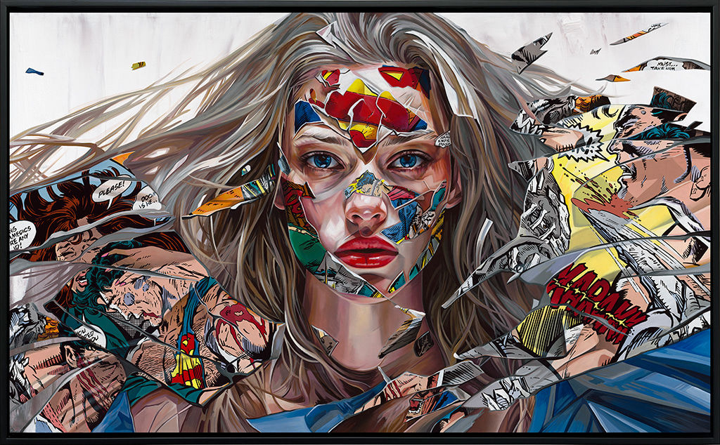portrait of a blond woman with comic book imagery covering her face and surroundings framed