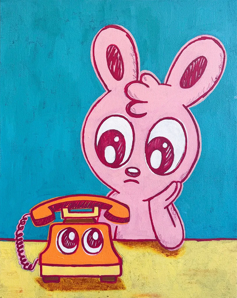 Painting of a pink bunny sitting at a table looking at an orange phone