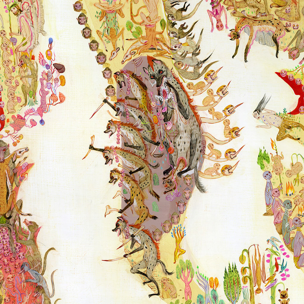 Detail shot of Mu Pan painting of animals and human hybrid creatures eating, fighting, sleeping, etc