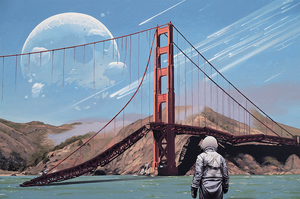Painting by artist Scott Listfield depicting an astronaut in a white suit facing a destroyed Golden Gate Bridge