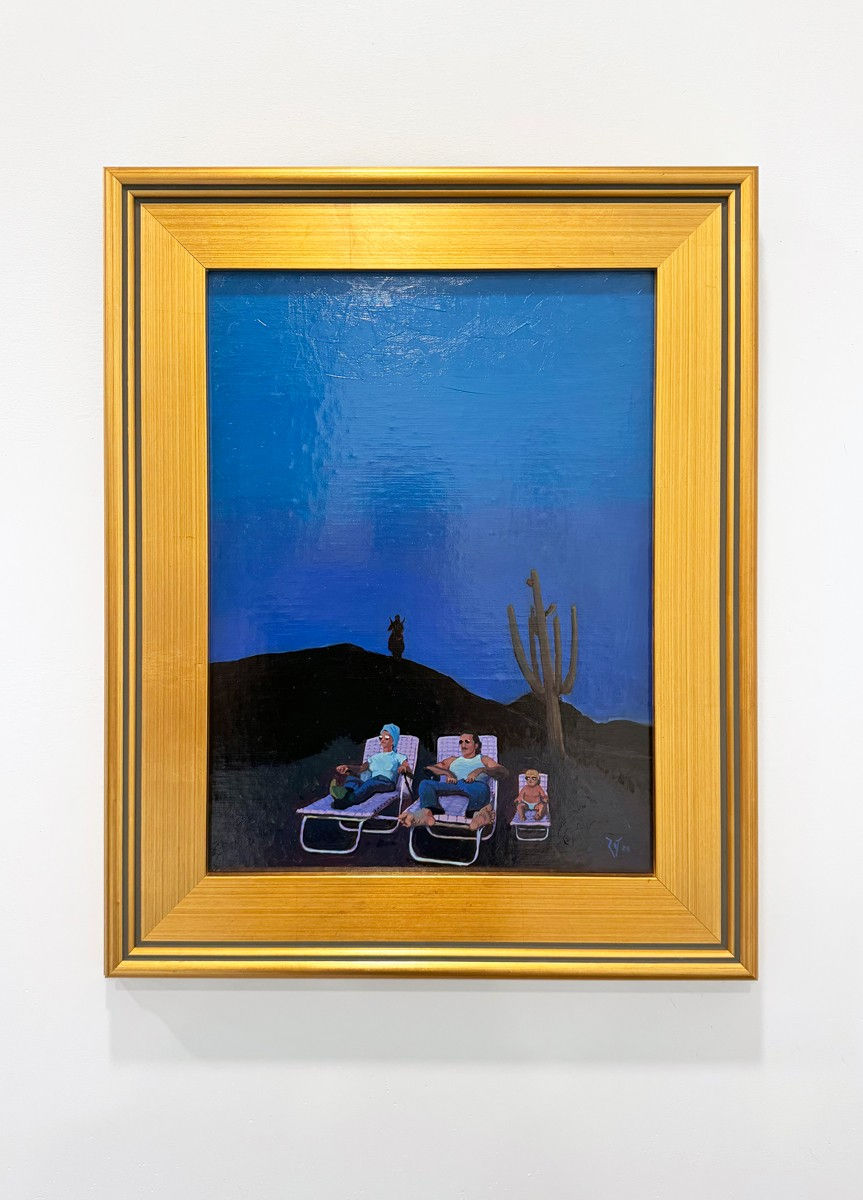 Painting of a family laying on lawn chairs in a desert in the dark