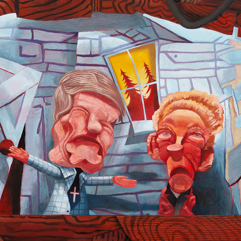 Painting of two elderly male puppets, the background is a house that is crumpling down with a window that overlooks two trees