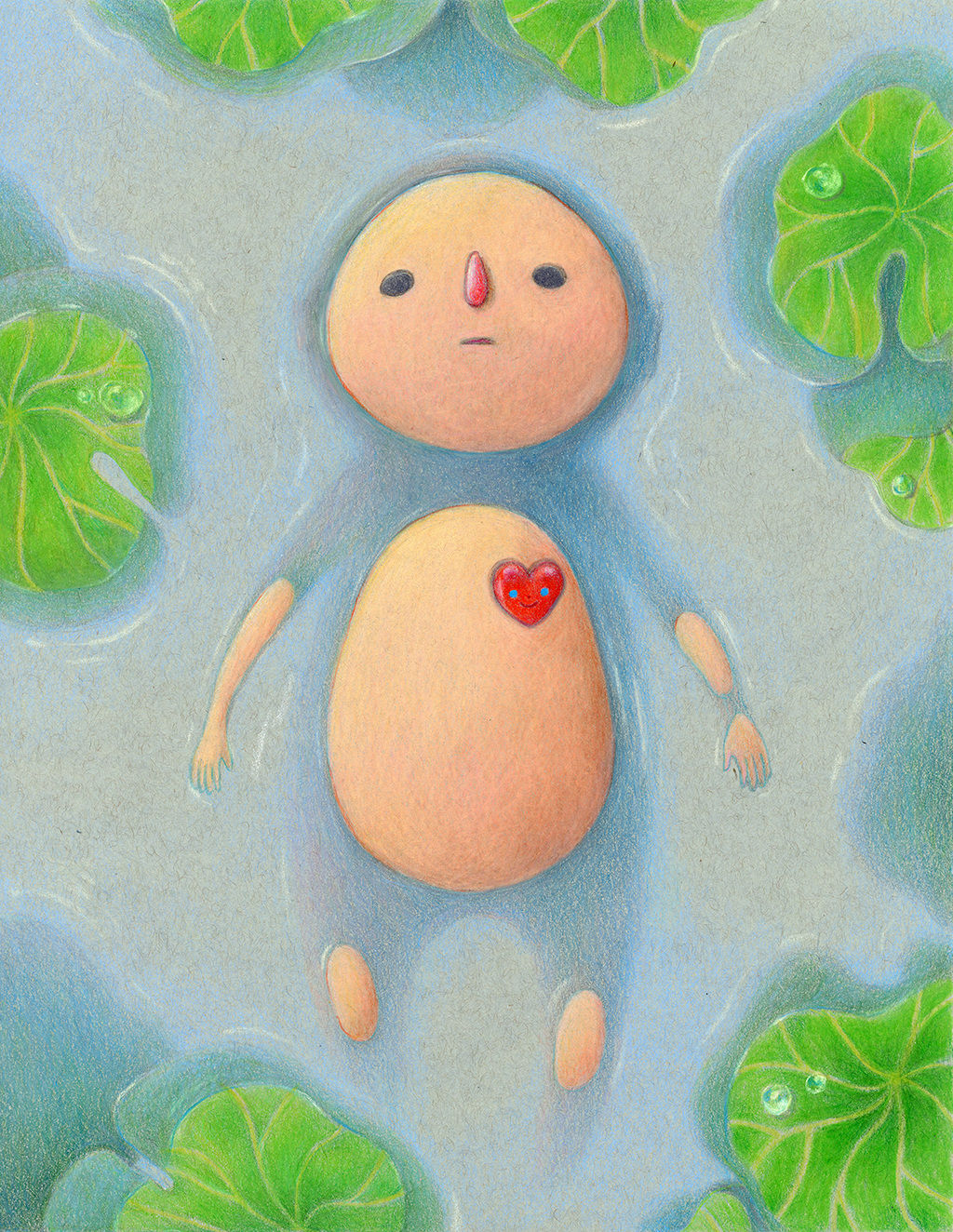 drawing of a figure floating in water with lily pads around