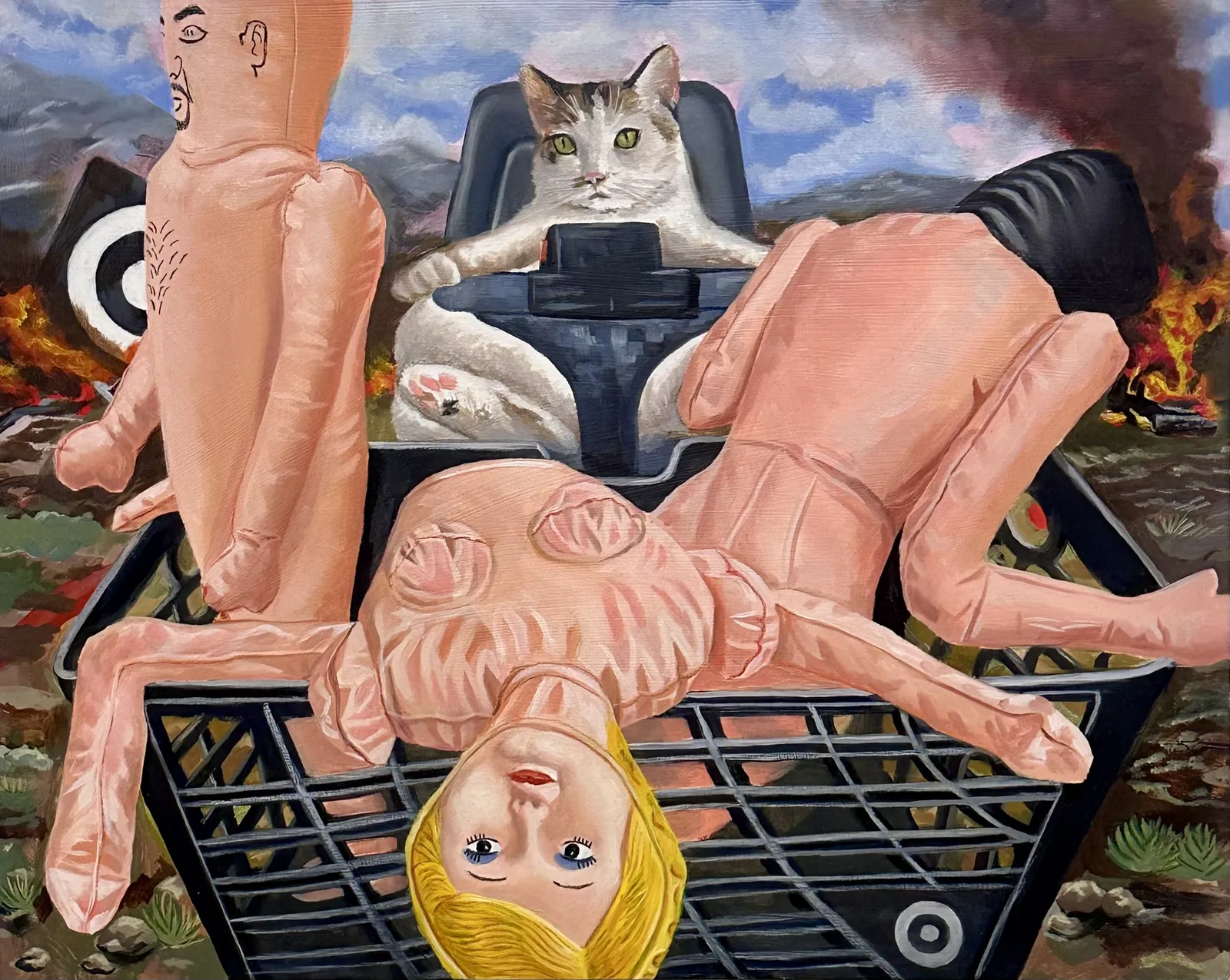 Jesus Lopez painting of partially deflated blow up dolls with cat in background