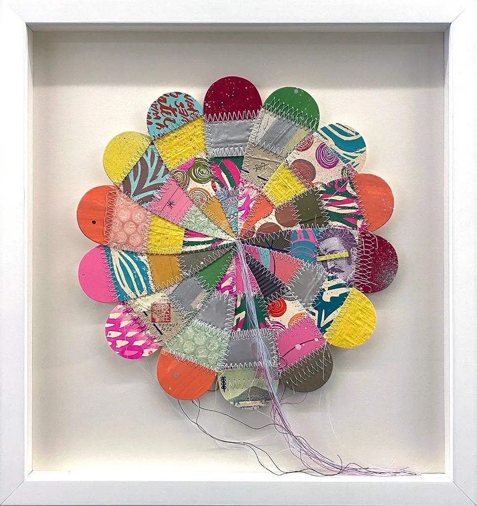 Thomas Campbell hand sewn flower in white frame