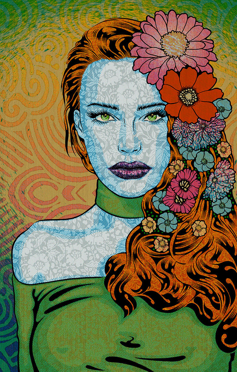 woman with red hair and a green top staring ahead at the viewer