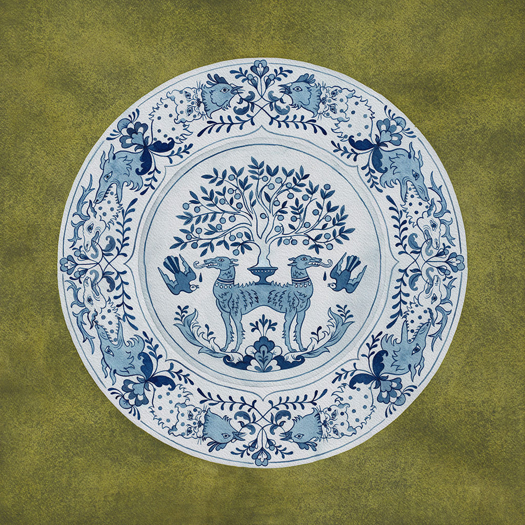 Painting of a plate with intricate blue design with flowers, birds, dogs, chickens and cats on a green background