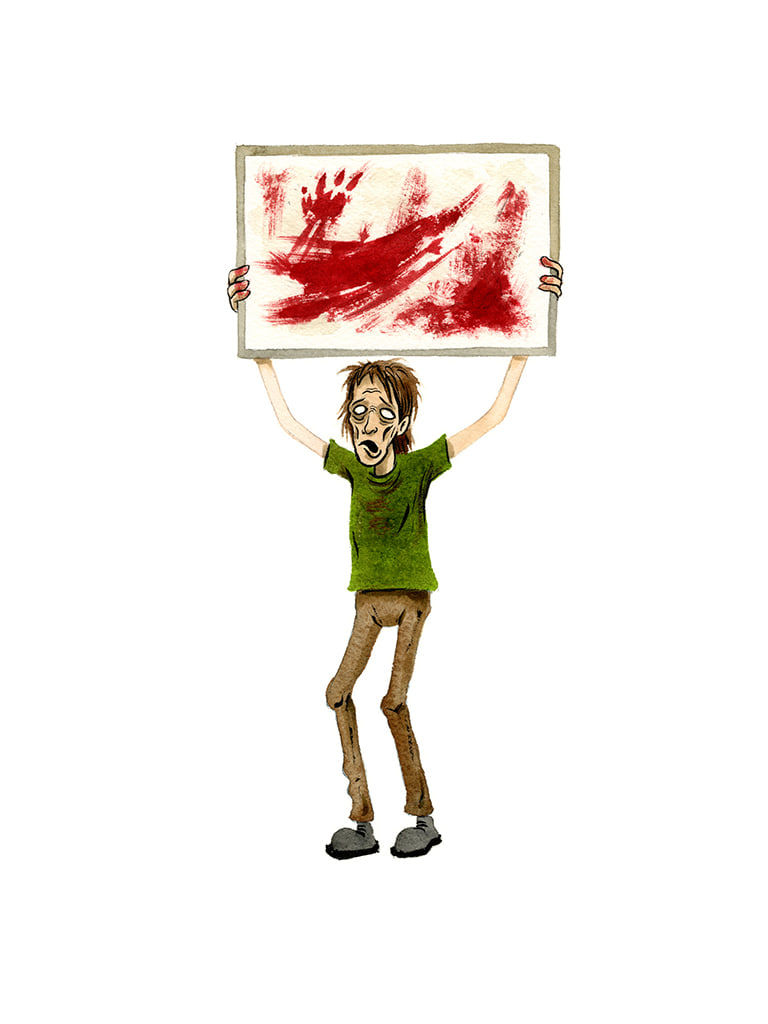 Painting by Alex Pardee of a man in a green shirt and brown pants holding up a rectangular board with blood smears all over it