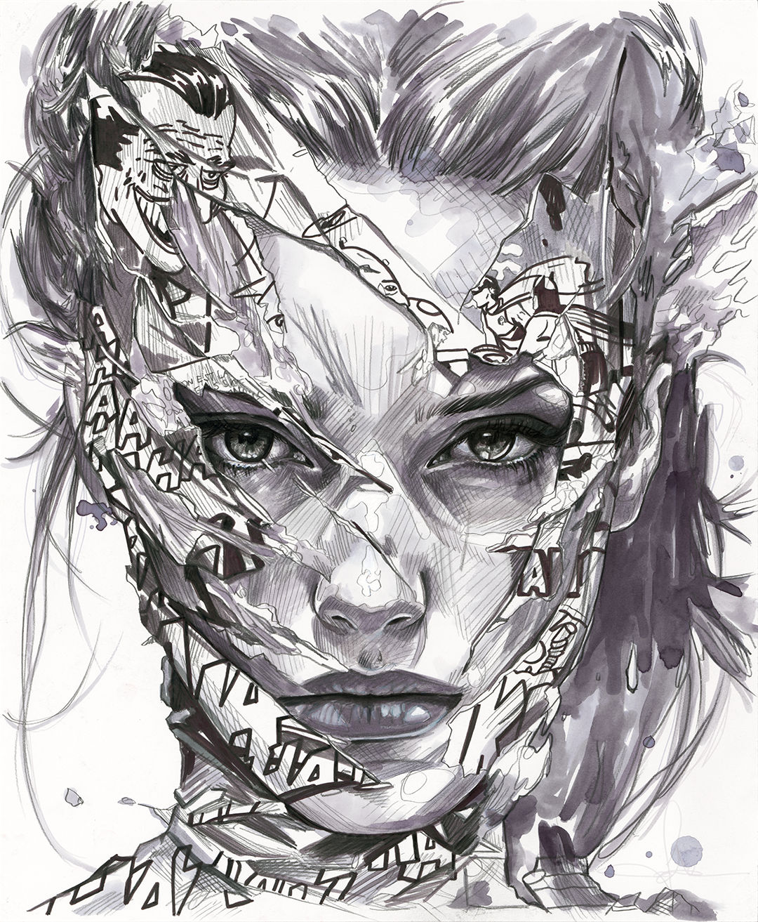 ink drawing of a woman with torn comic book piece across her faces