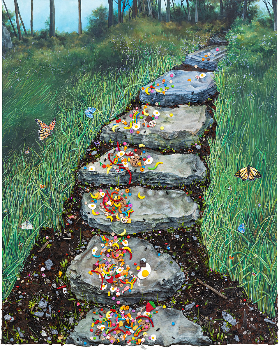 Nic Dyer mixed media painting stone steps going off to horizon in grassy forest, 3D candy, mini eggs, fruit on steps